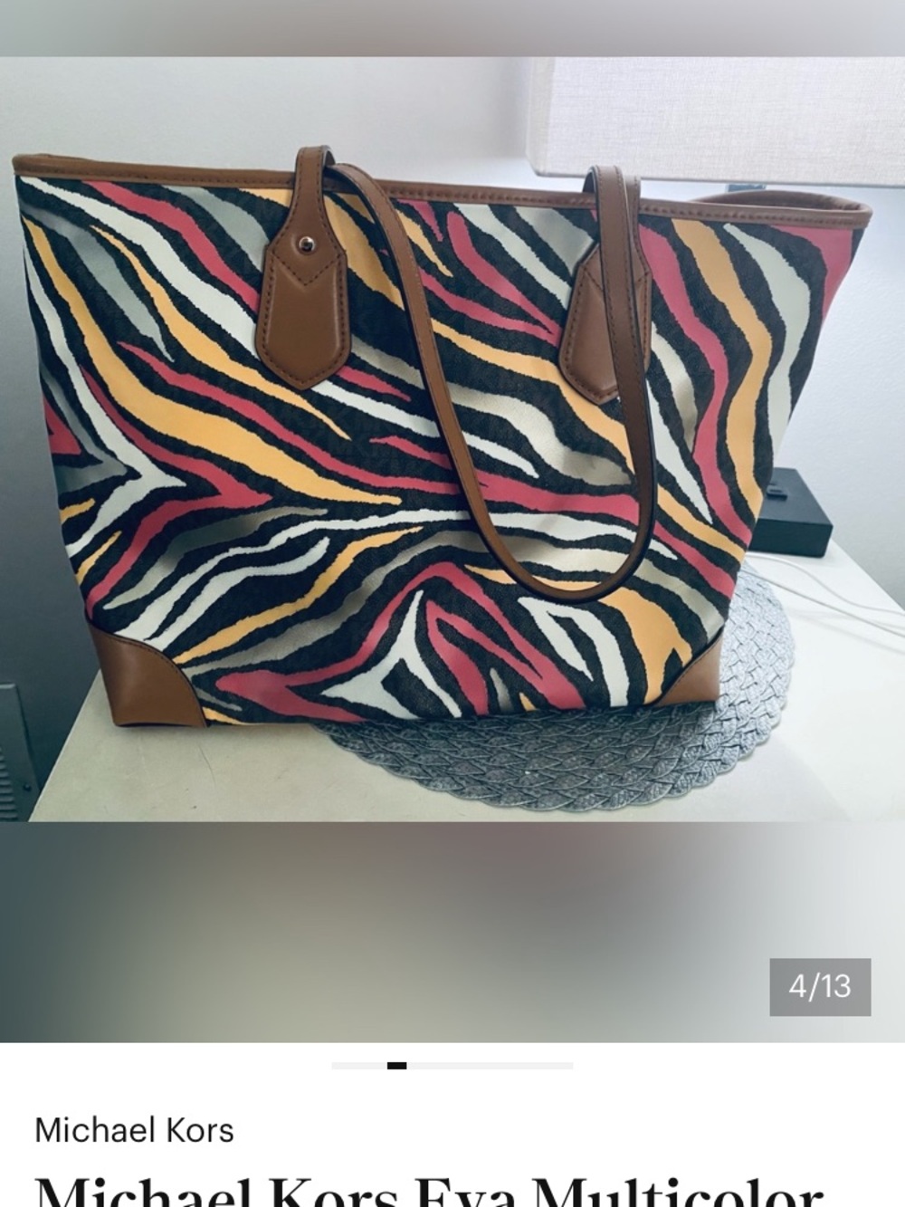 Michael Kors Multicolor Zebra-Print Tote with Brown Trim - Picture 2 of 6